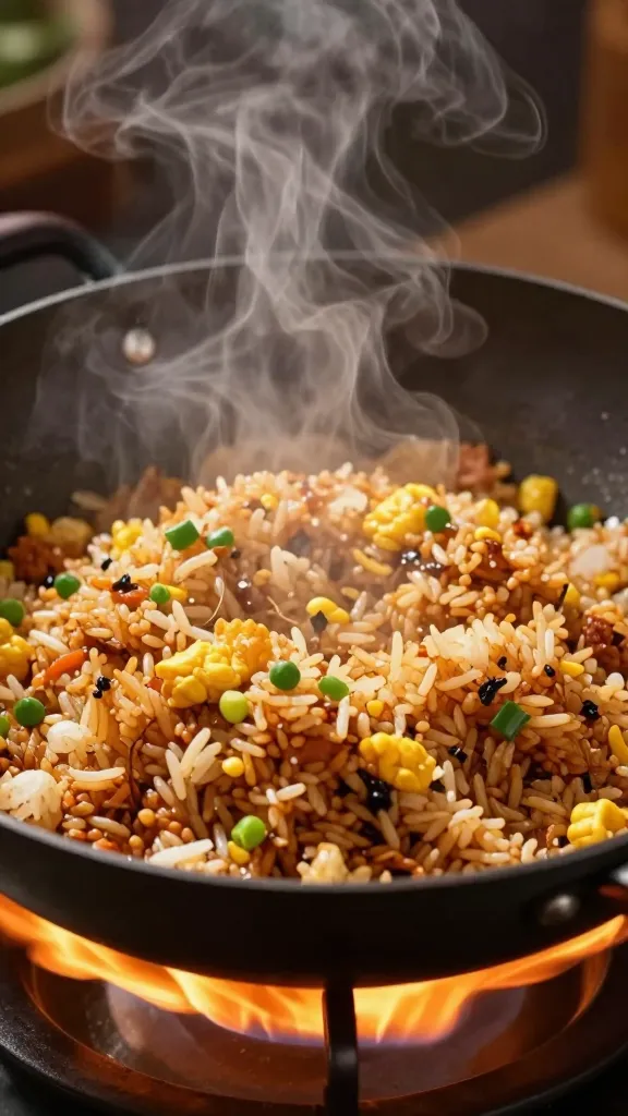 steaming leftover fried rice in wok, high heat flames