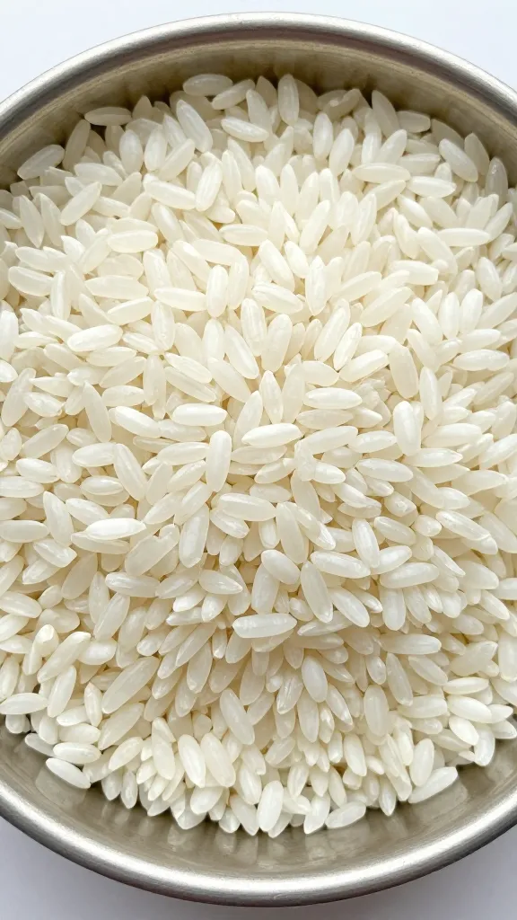 cold day-old rice grains in metal bowl, overhead