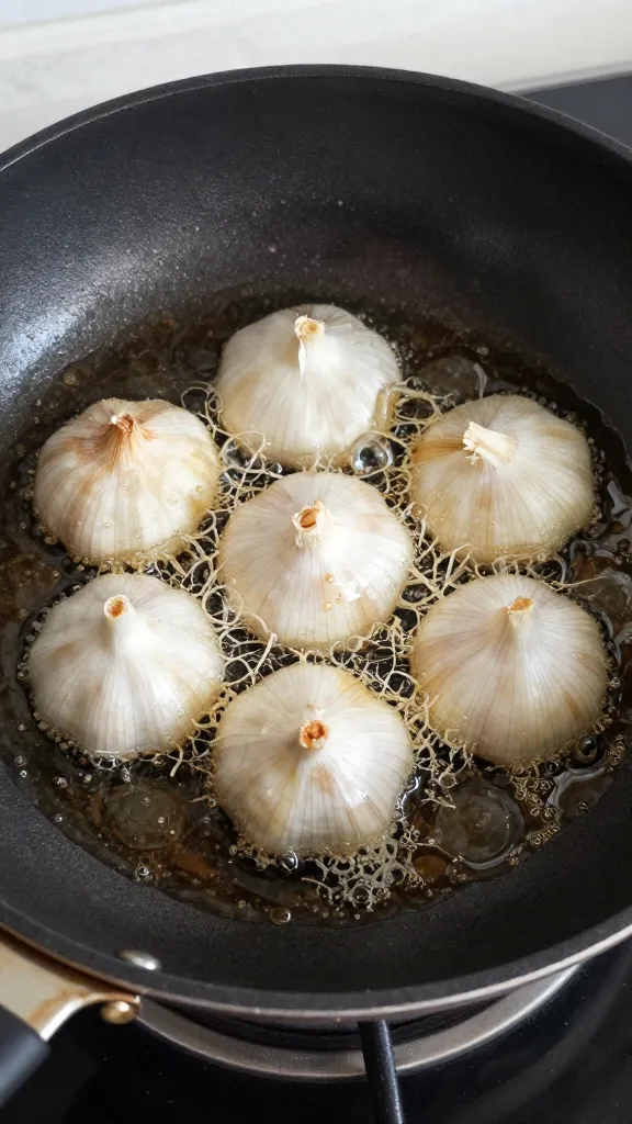 garlic sizzling in oil in carbon steel pan