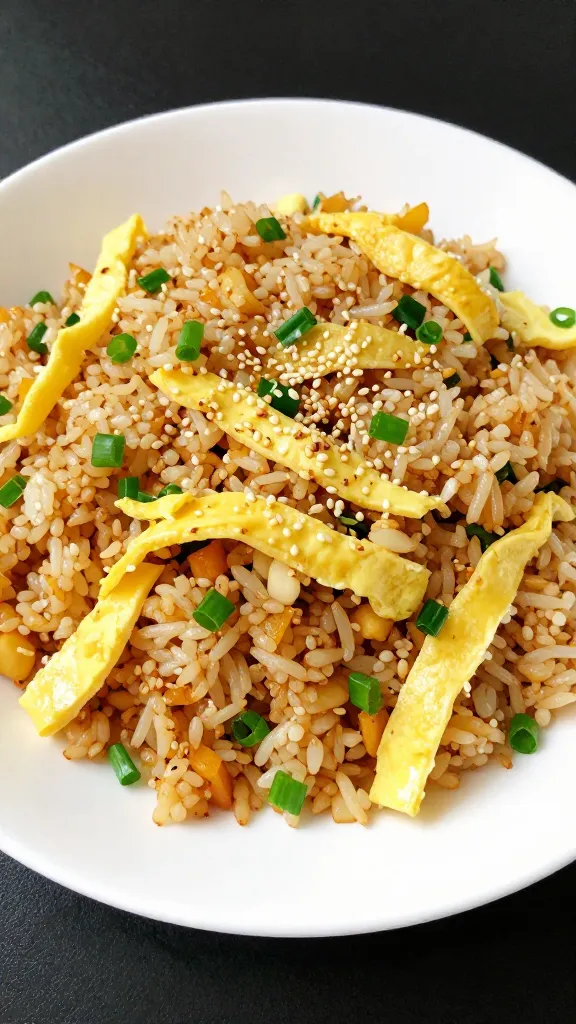 finished fried rice with egg ribbons, scallions, sesame seeds