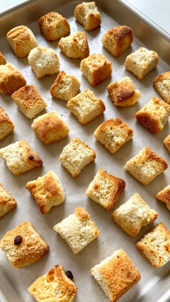 Golden homemade croutons in sheet pan, natural light