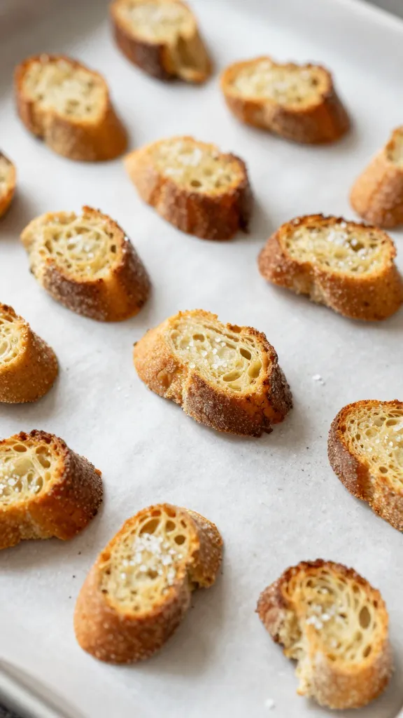 Baguette croutons on parchment, sea salt sprinkle
