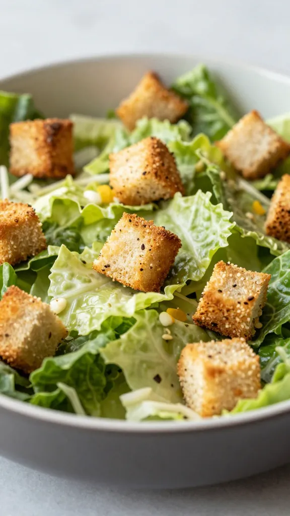 Rustic croutons on Caesar salad, shallow depth