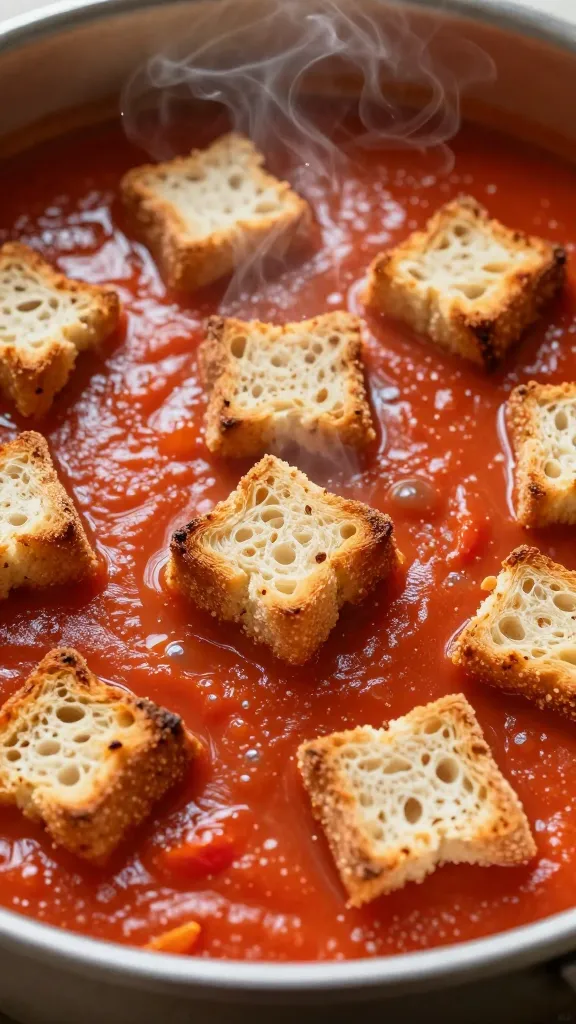 Ciabatta croutons in tomato soup, steam visible