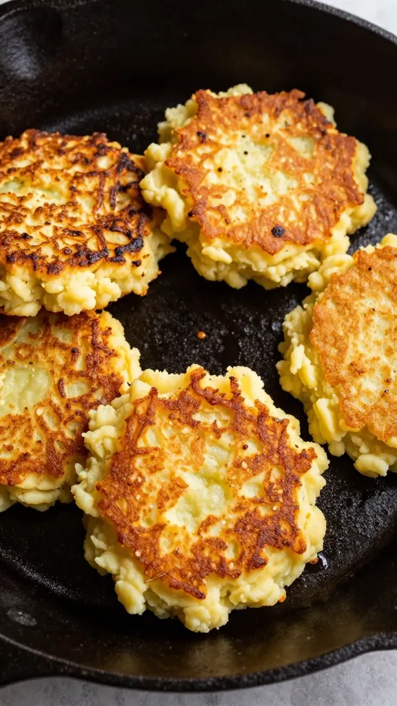 Crispy mashed potato pancakes on cast-iron skillet