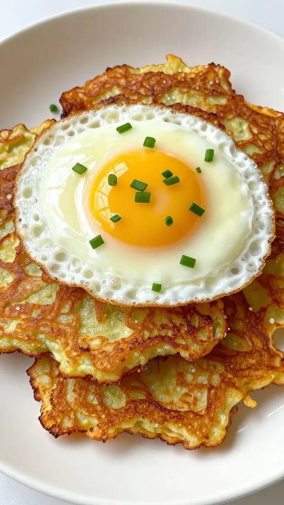 Potato pancakes topped with fried egg and chives