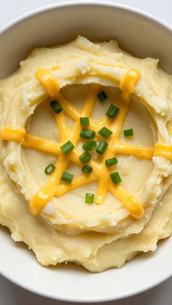 Leftover mashed potatoes in bowl with cheese and scallions