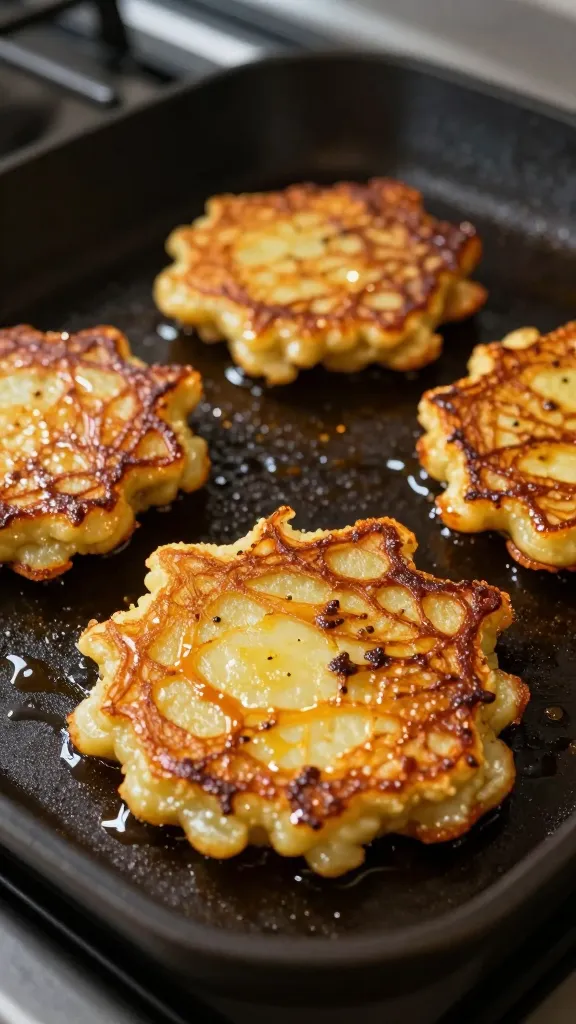 Sizzling potato pancakes on stovetop with oil sheen