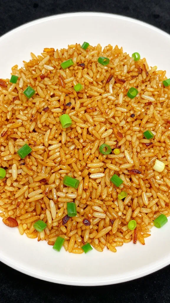 Crispy rice grains tossed with scallions, high-heat sear
