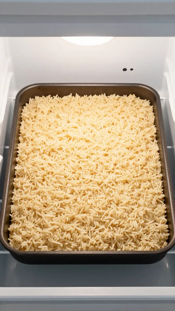Sheet pan of hot rice cooling in freezer