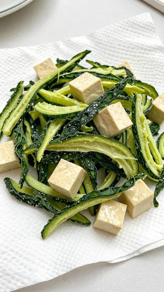 Pat-dried vegetables and tofu on paper towels