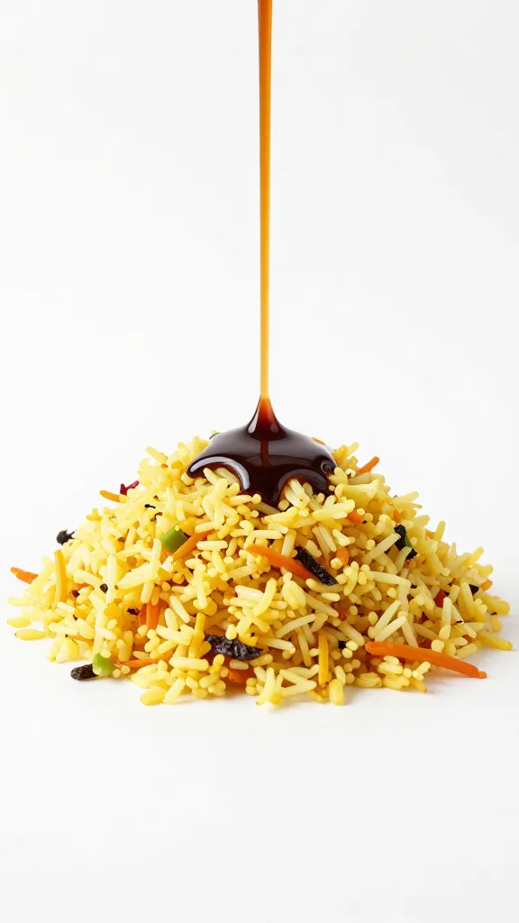 Minimal sauce drizzle over fluffy basmati stir-fry