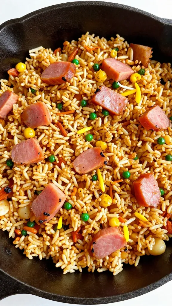 Crispy ham fried rice in cast-iron skillet
