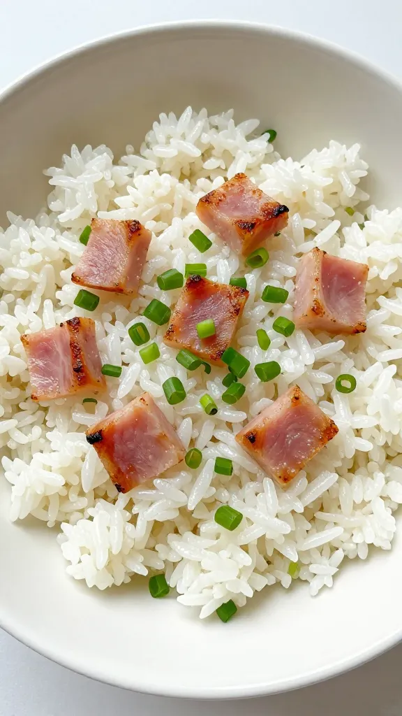 Day-old rice with seared ham cubes, scallions