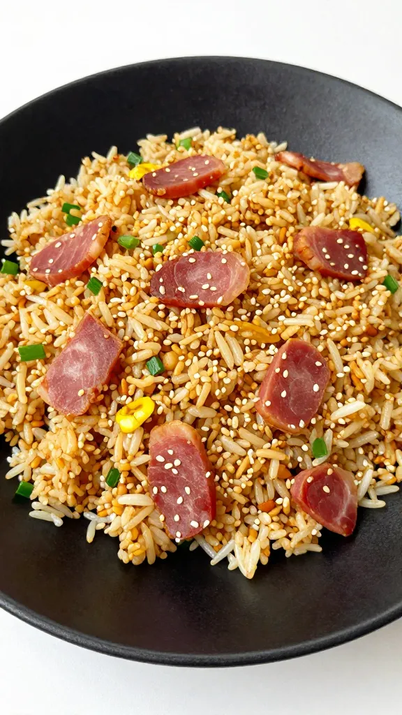 Garlic-sesame ham fried rice on black plate
