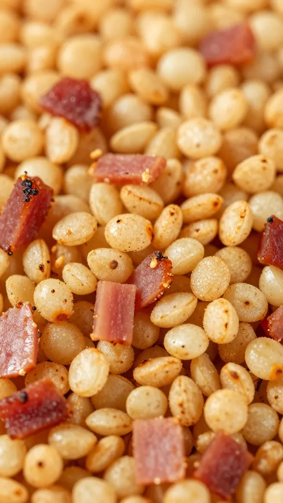 Close-up crispy rice bits with smoky ham