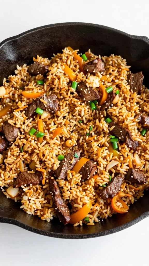 One-pan leftover steak fried rice in cast-iron skillet