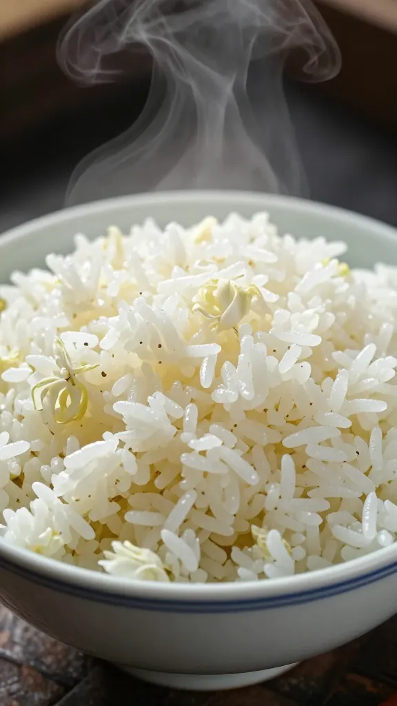 Cold day-old jasmine rice in bowl, steam rising