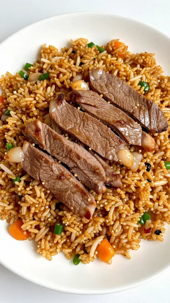 Thin-sliced steak tossed into sizzling fried rice