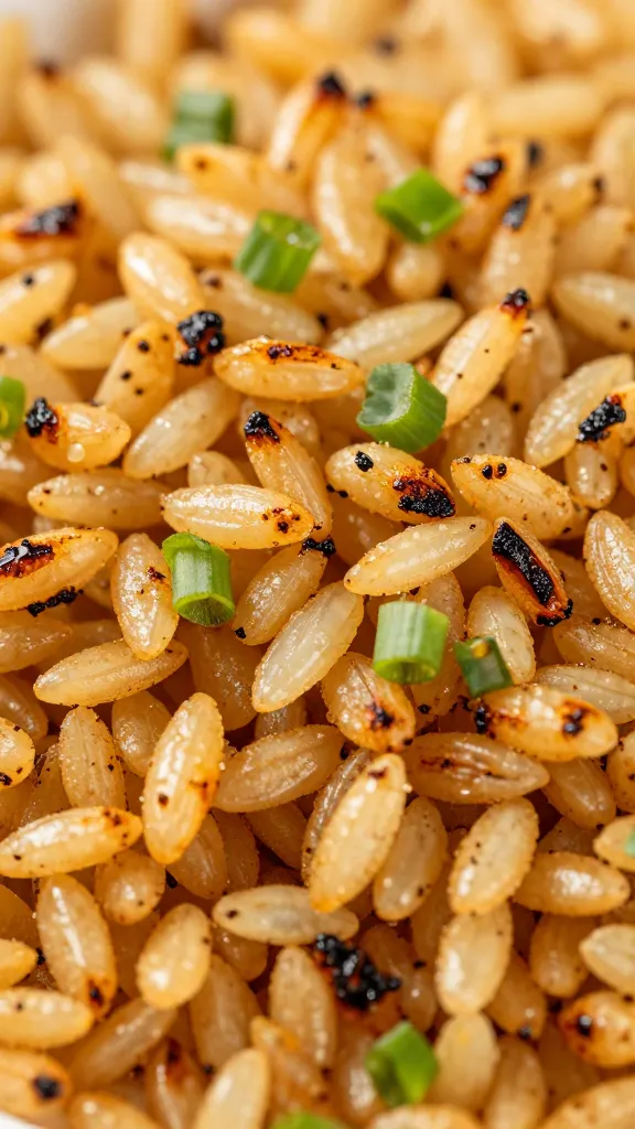 Crispy charred rice grains close-up with scallions