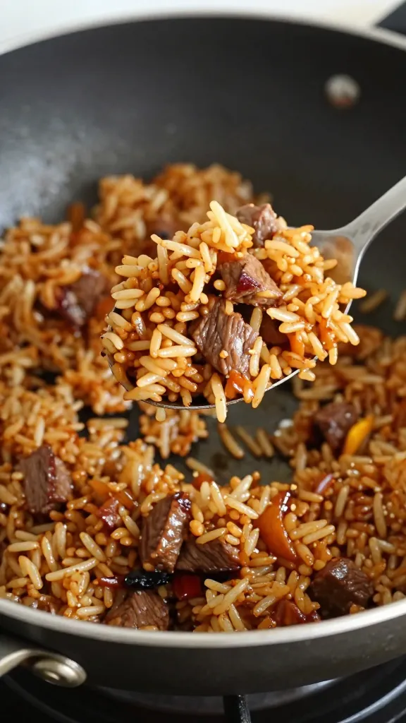 Spoon scooping steak fried rice from hot pan