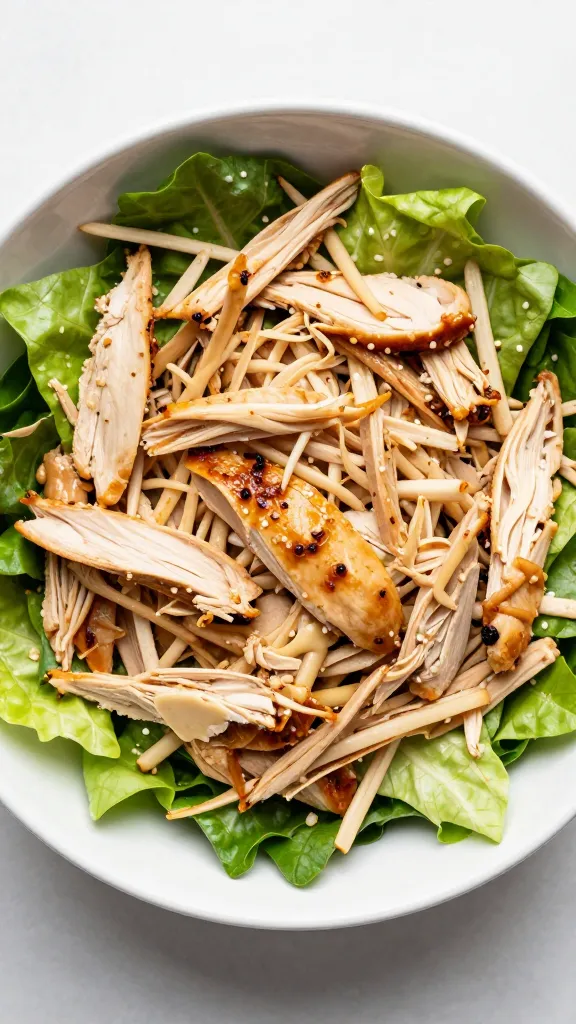 shredded rotisserie chicken salad in white bowl, overhead