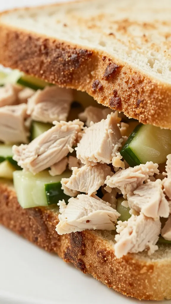 diced chicken salad sandwich on sourdough, close-up