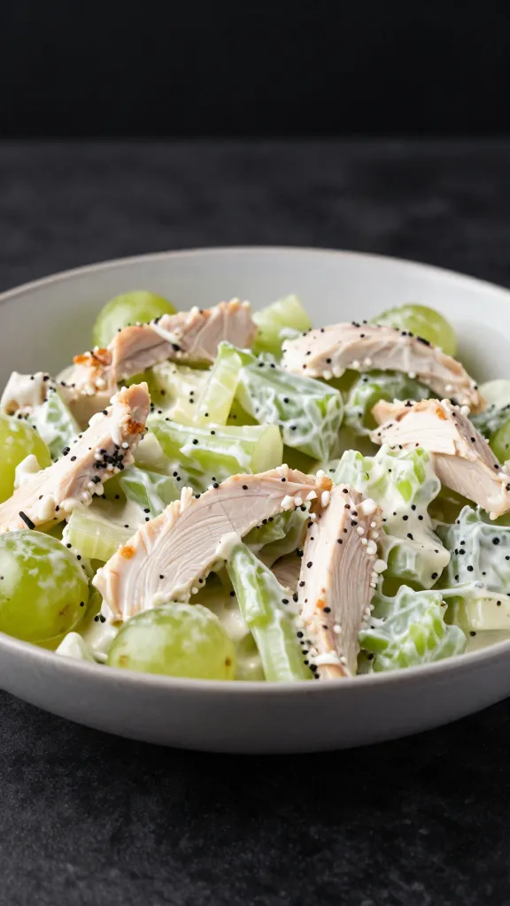 creamy chicken salad with celery and grapes, studio lighting