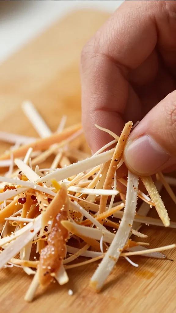 leftover chicken on cutting board, fingers shredding, macro