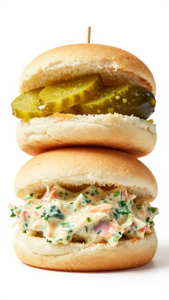 Sliders with tangy slaw and pickles, white background