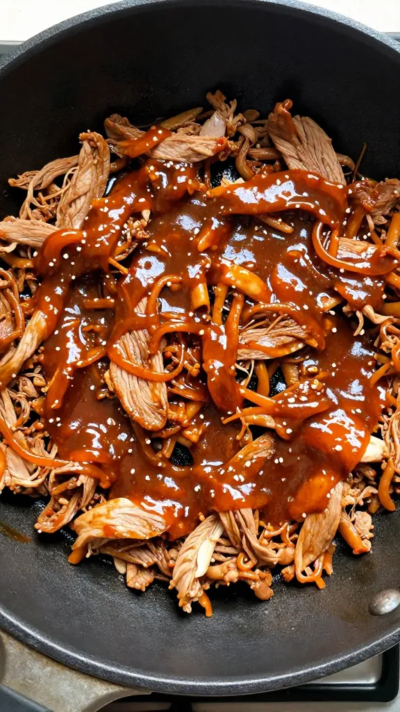 Leftover pulled pork reheating in skillet, glossy sauce