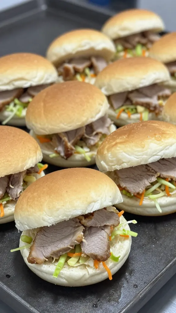 Assembly line of slider buns, pork, slaw, close-up