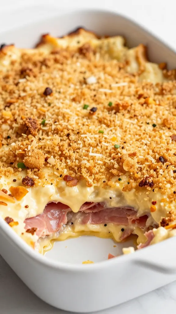 creamy ham casserole in white baking dish, crispy breadcrumb topping