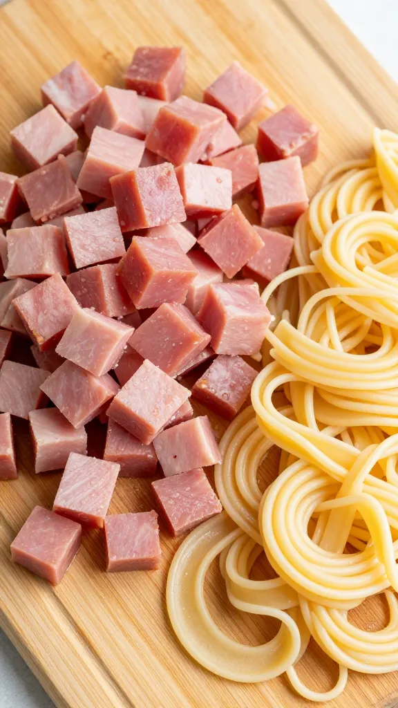 diced leftover ham on cutting board beside cooked pasta