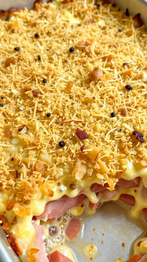 golden breadcrumb topping close-up on bubbling ham casserole