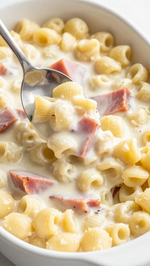 spoonful of creamy ham and gnocchi over casserole dish
