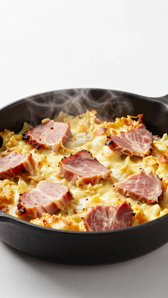 reheated ham casserole in skillet, steam rising, minimal props