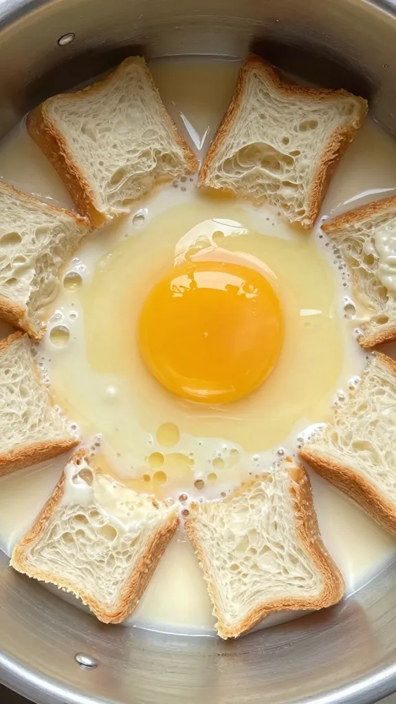 Stale bread cubes soaking in egg mixture, overhead
