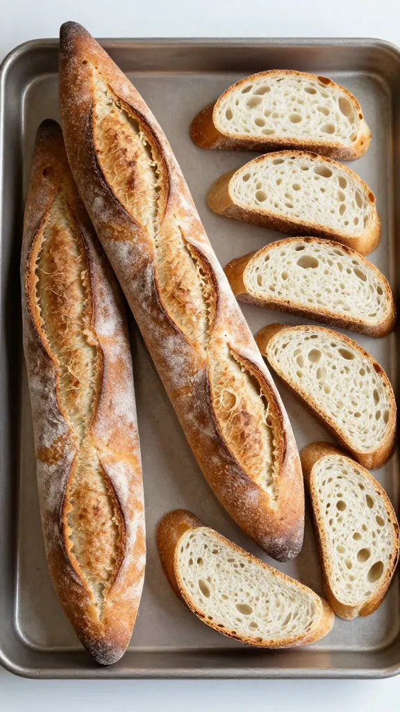 Torn baguette and sandwich slices mixed, baking tray