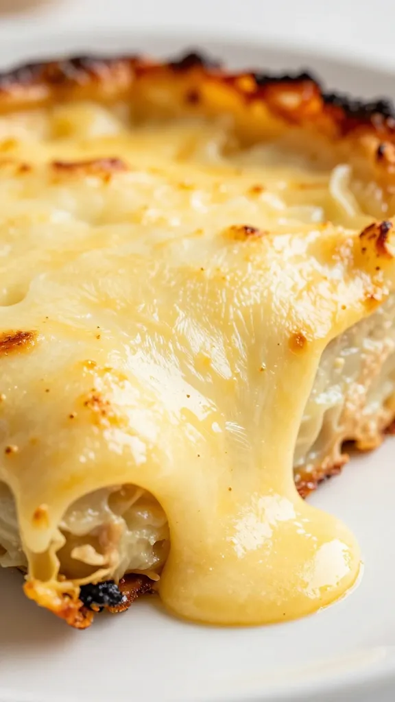 Melty cheese on custardy casserole slice, close-up