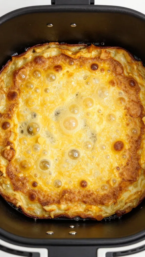 Air fryer basket with bubbling breakfast casserole, top-down