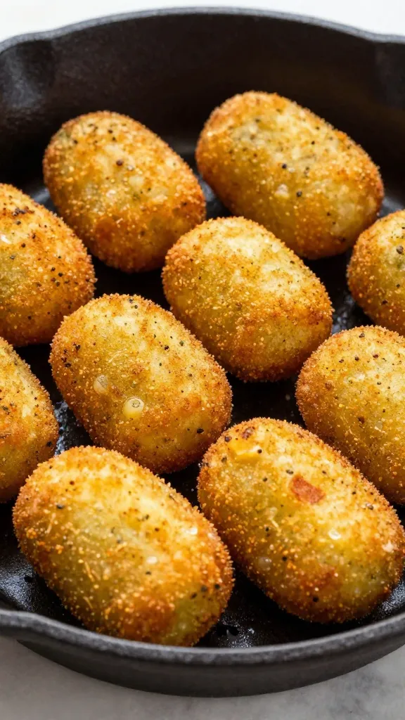 golden potato croquettes in cast-iron skillet, shallow fry