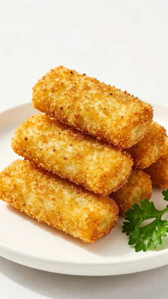crispy croquettes stacked on white plate with parsley