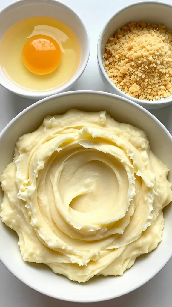 mashed potato mixture in bowl, egg and breadcrumbs nearby