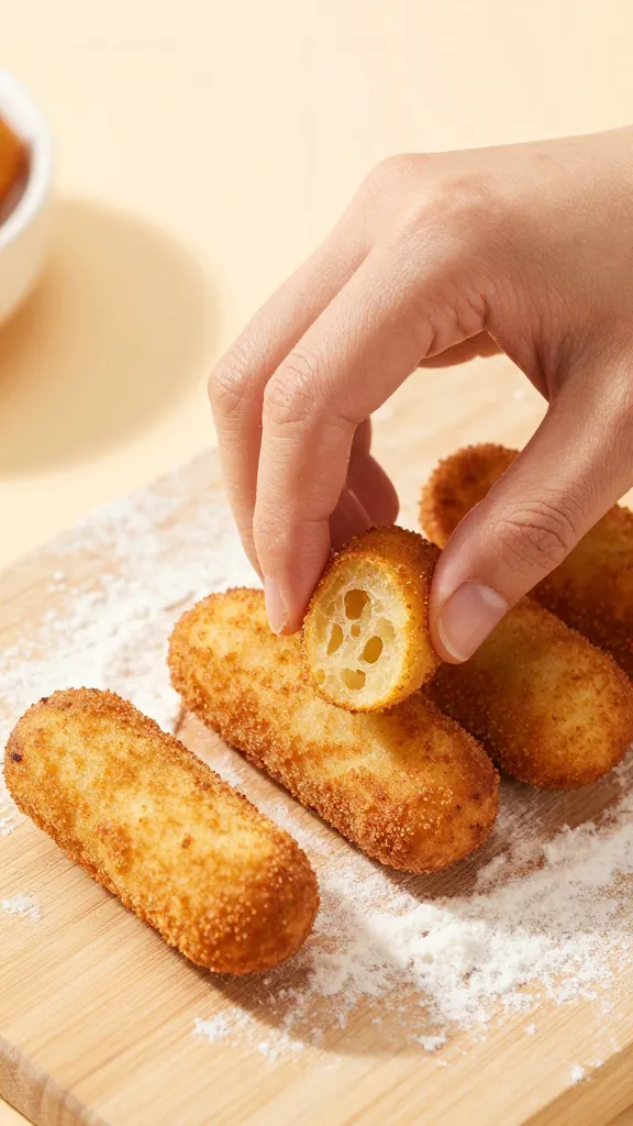 hand shaping croquette logs on floured wooden board
