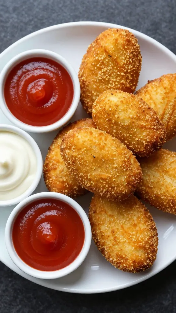 croquettes with dipping sauces, ketchup and aioli, overhead shot