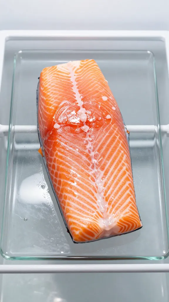 leftover salmon fillet on glass plate in fridge light