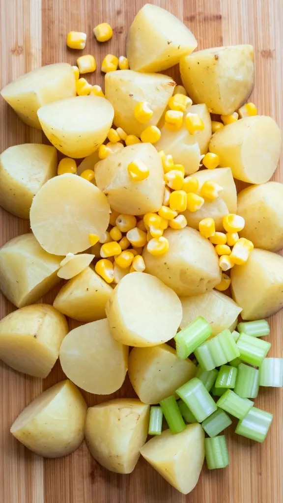 diced potatoes, corn, celery mise en place on board