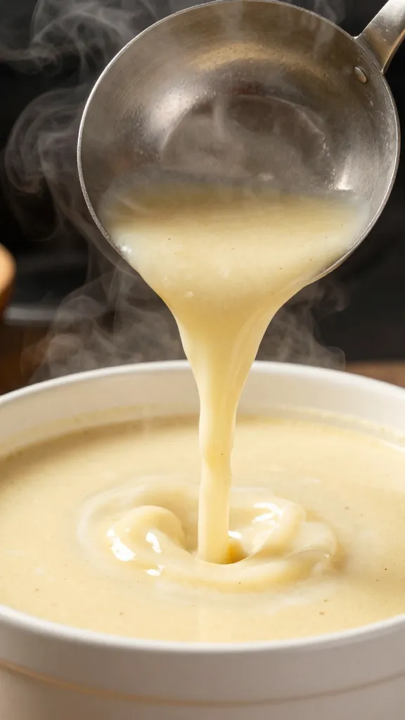 ladle pouring chowder into bowl, steam visible