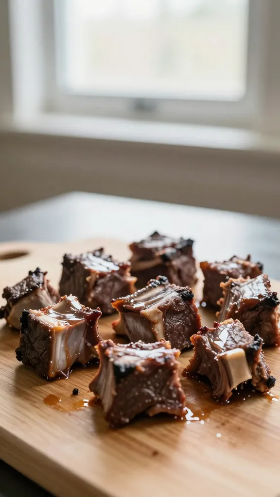Leftover prime rib cubes on cutting board, soft window light